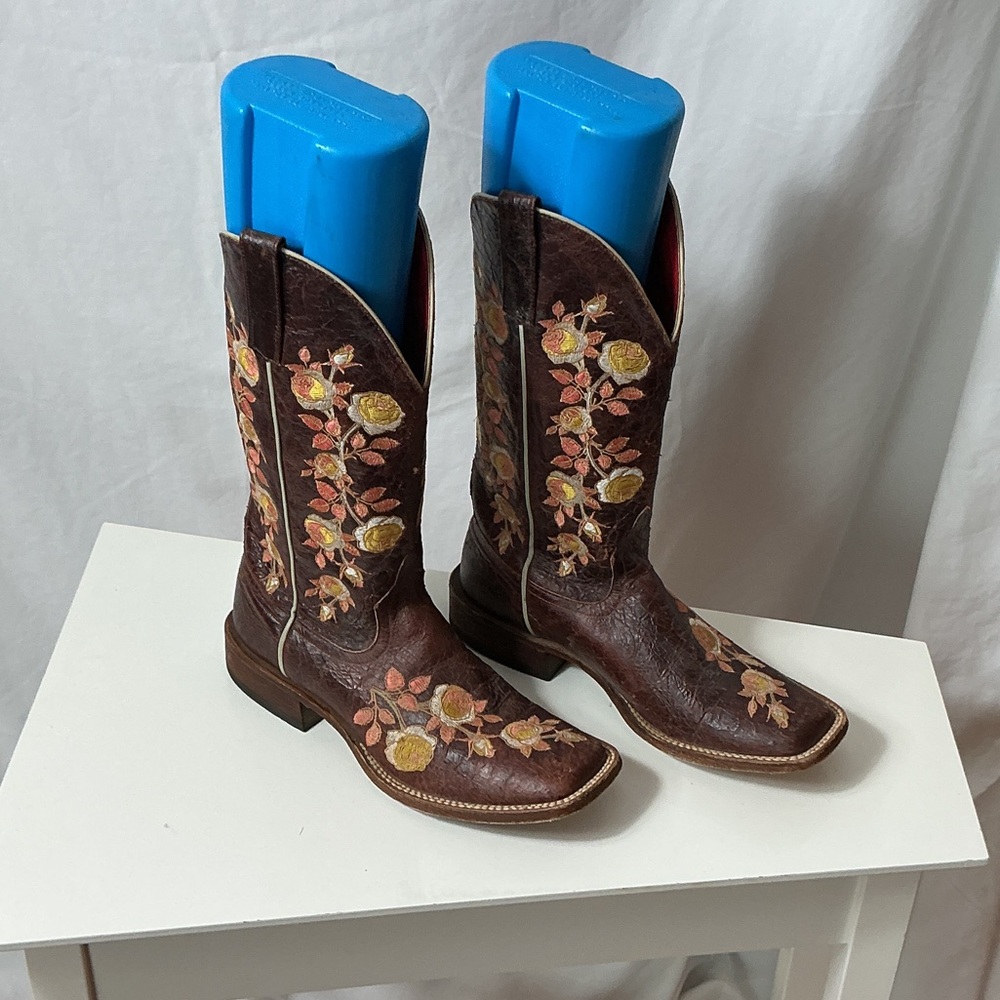 Macie Bean Brown Leather Floral Embroidered Heeled Boots